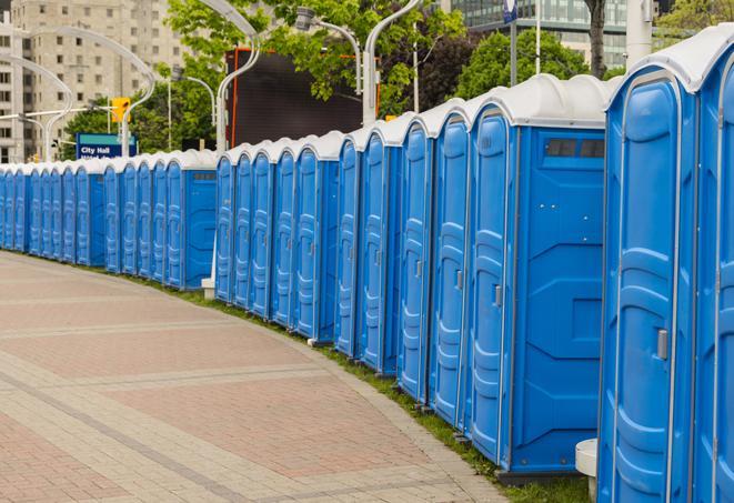 a line of portable restrooms set up for a wedding or special event, ensuring guests have access to comfortable and clean facilities throughout the duration of the celebration in Belvedere CA